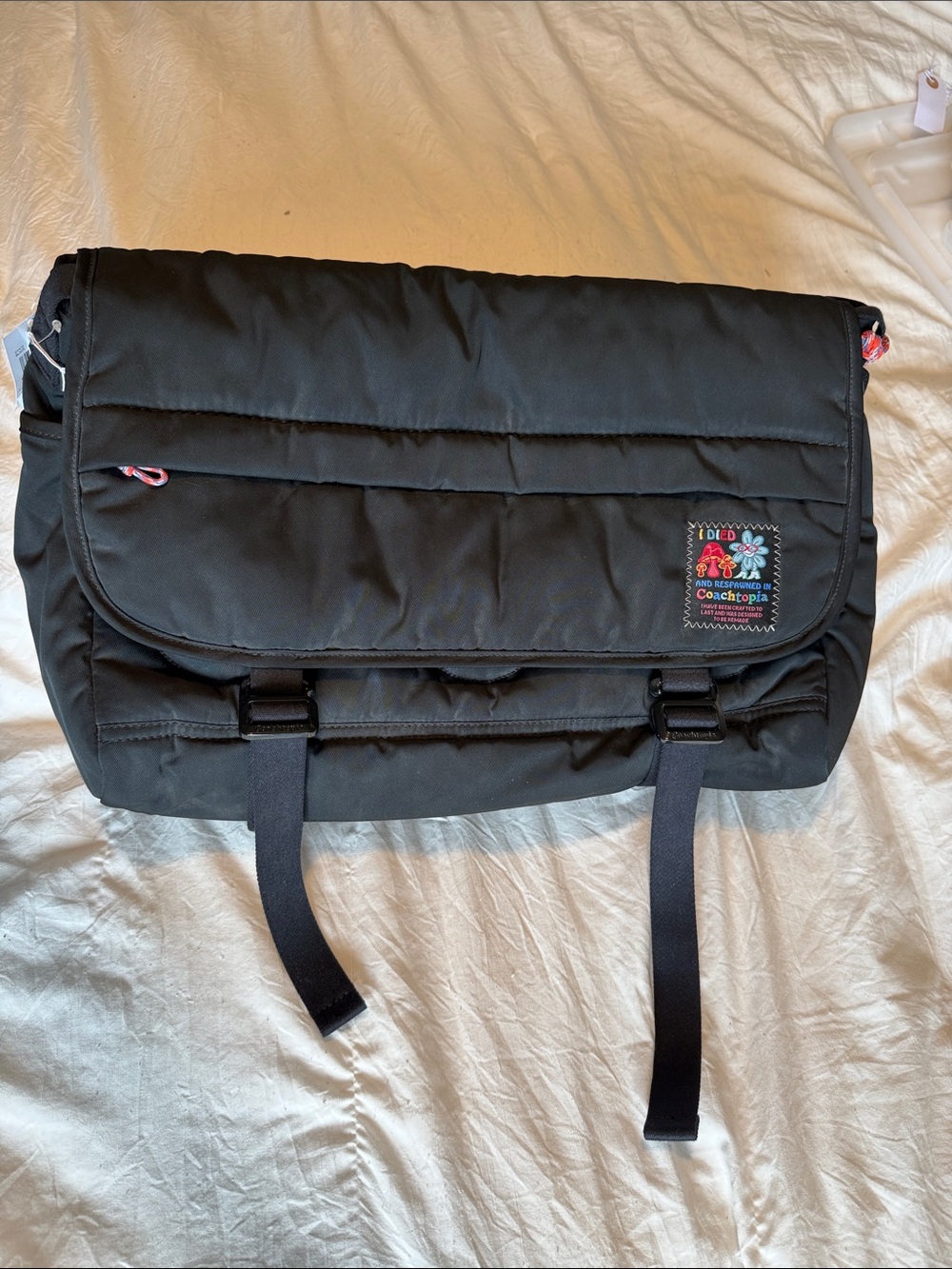 Coachtopia Black Quilted Crossbody Messenger Bag with Patch Detail